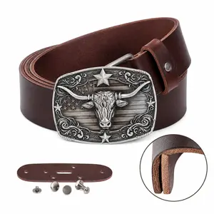 Western Cowboy Longhorn Bull Belt Buckle Full Grain Leather Belt Modular Swapable System, Vintage Texas Rodeo Style, Heavy Duty 6061 Alloy Buckle for Men Jeans, 3D Relief American Flag Pattern Adjustable Belt for Western Fashion Lovers