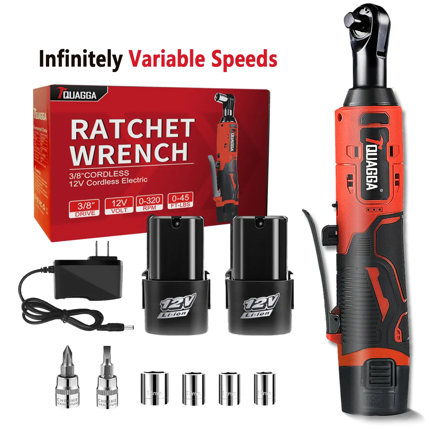 TQUAGGA 3/8" Cordless Electric Ratchet Wrench Set, 12V, 45ft-lbs,Variable speed Power Ratchet Wrench,with Batteries*2,Automotive Repair Tools, Electri