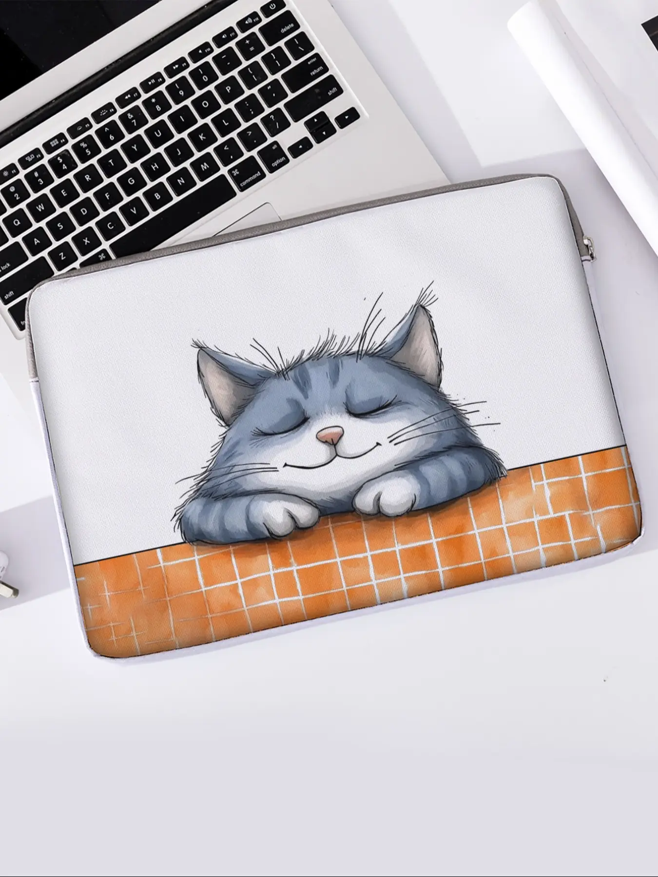 Cat Pattern Printed Notebook Bag, Soft Laptop Sleeve, Fits Laptops, Tablets, Zippered Storage Pouch, Casual Style, All Seasons