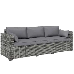 3 Seater Wicker Sofa with Side Trays Outdoor Patio Couch 6" Thick Back Cushions Deep Seating Mixed Gray UV Resistant PE Rattan Frame Easy Assembly
