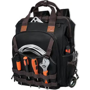 88-Pockets Waxed- Canvas HAVC Tool Backpack,Heavy-Duty electrician tools backpack,Open-Top technician tool bag backpackTool backpack for construction