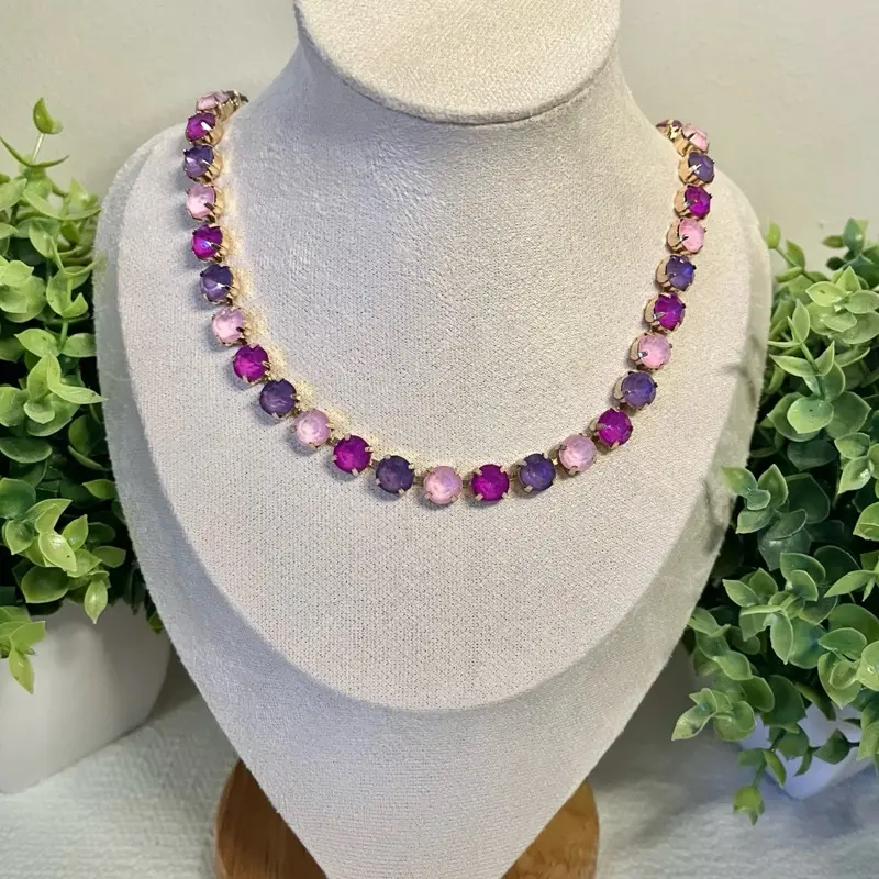 Phoebe Jewel Beaded Chain Necklace - Pink & Purple Candy Beads, Gold-Tone Metal Coating Clasp, Rhinestone Accents, Short Fit Jewelry Accessories, Choking Hazard Small Parts, for Any Occasion