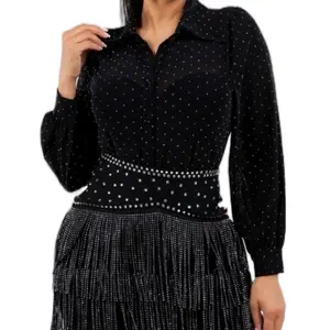 Kristy Top - SHEER & RHINESTONE BUTTON DOWN COLLARED SHIRTS  Sheer & Rhinestone embellished fabric  Button down  Collared neck line  Model is wearing a size S (5'7"-34-26-39)  Fabric Contents:  96% POLYESTER / 4% SPANDEX