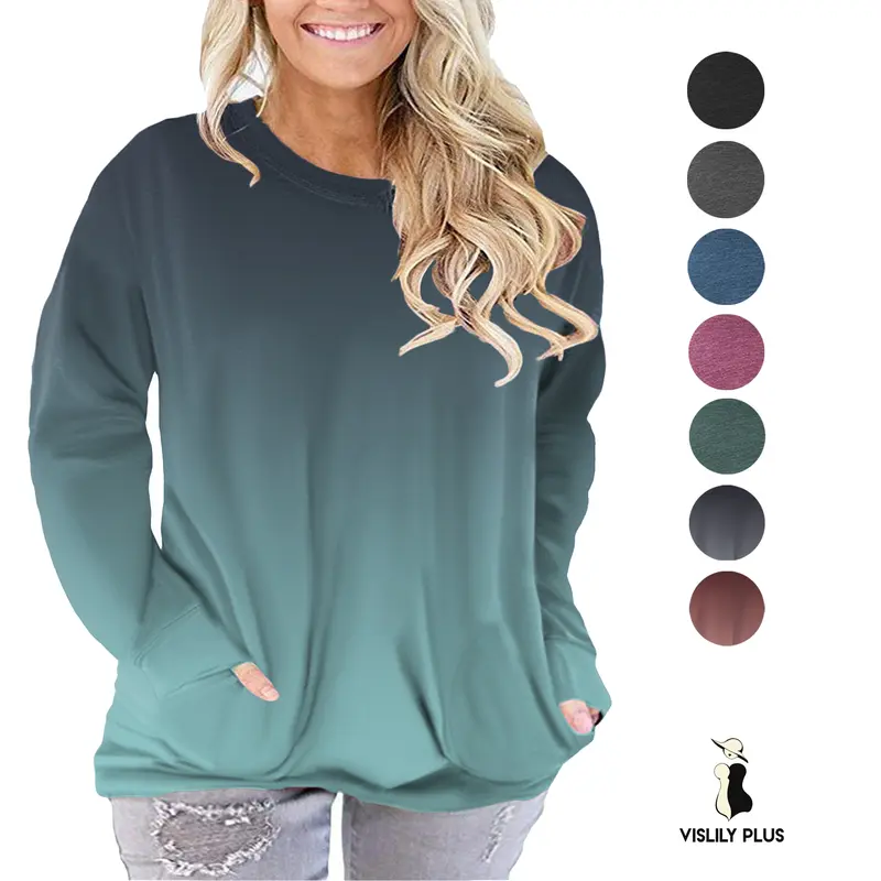 Vislily Women's Plus-Size Rayon Blend Sweatshirts - Crew Neck, Long Sleeve, Gradient, Casual Minimalist, Soft Stretchy Fabric, Cozy Lightweight Fit, Pockets, Everyday/Party Wear, 14w-20w (16w,18w), XL-5XL RPS2004