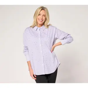 GRAVER Susan Graver Petite Relaxed Yarn Dye Rhinestone Shirt