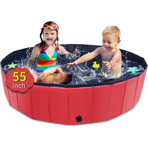Foldable 55" x 12" Collapsible Hard Plastic Non-Slip Dog Pool, Kiddie Bath Tub Swimming Pool for Kids Dogs Pets, Ideal for Outdoor Backyard (Red)
