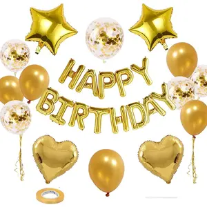 29 Pcs Gold Birthday Decorations, 3D Foil Gold Happy Birthday Balloon Banner, Pentagram Heart Foil Balloons Confetti Balloons Kit For Boys Girls Birthday Party Supplies