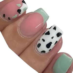 Teal French Tips with Cow Print Accent Nails - Unique Design for Stylish Nail Art