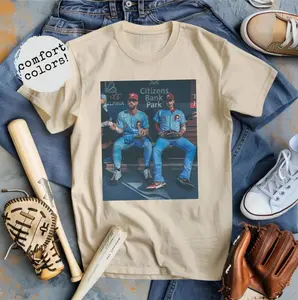 Bryce Harper and Bryson Stott Phillies T-shirt – Comfort Color, Red October Playoffs 3/4 Sleeve Tee, Philadelphia Baseball Postseason Gift Cotton Fabric