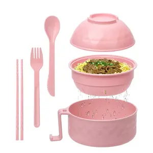 Creative Noodle Bowl Set with Lid, Microwaveable Ramen Bowls, Plastic Salad Pasta Fruit Rice Cereal Soup Maker Plate Dishware Kit, Kitchen Bowls