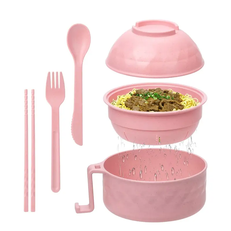 Creative Noodle Bowl Set with Lid, Microwaveable Ramen Bowls, Plastic Salad Pasta Fruit Rice Cereal Soup Maker Plate Dishware Kit, Kitchen Bowls, Ramen Bowl Microwavable