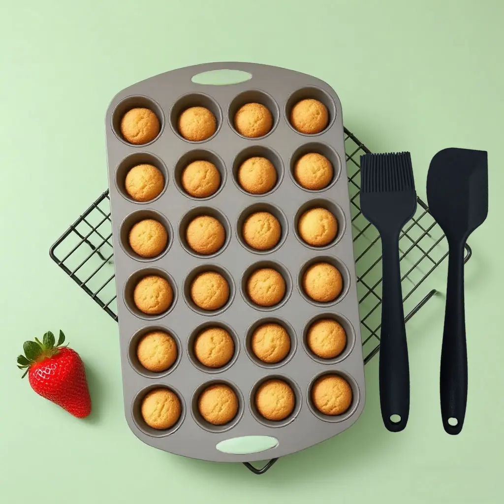 Silicone Baking Set, 24-Cavity Round Cupcake Mold, Jelly & Chocolate Molds, Cake Pan, Scraper & Brush Kit, Non-Stick Bakeware