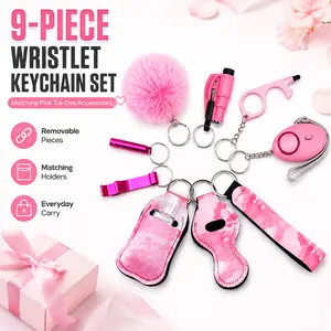 9-Piece Women’s Wristlet Keychain Accessory Set with Pom Pom, Printed Holders and Removable Charms