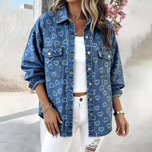 ChicMe Vintage Heart Jacquard Turn-down Collar Button Front Asymmetrical Hem Jacket Casual Flap Pockets Design Washed Denim Coat