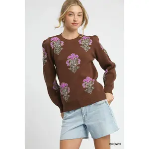 Umgee Single Flower Stem Jacquard Sweater
