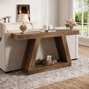 LITTLE TREE Farmhouse Console Table, 55-Inch Rustic Sofa Table with Storage, Industrial Wooden Entryway Table for Hallway, Living Room