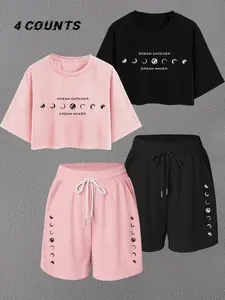Women's Moon & Letter Print Crop Tee & Wide Leg Shorts Set, Casual Round Neck Short Sleeve T-shirt & Shorts, Summer Outfits Clothes Set for Outdoor Sports