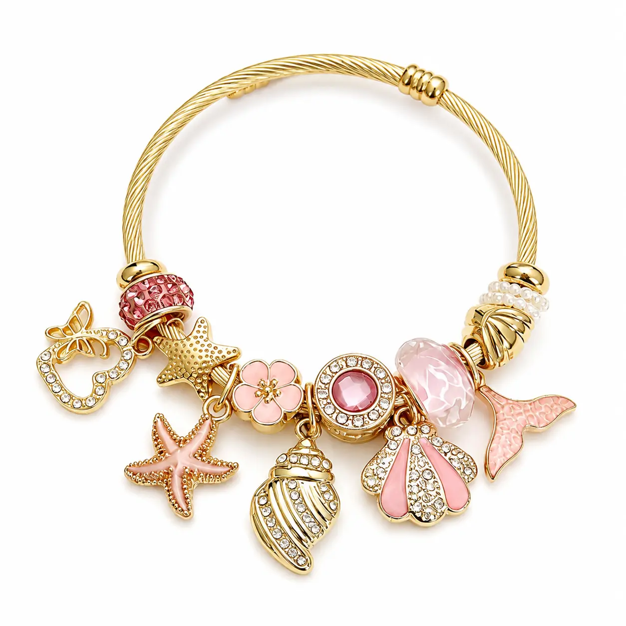 Gold-Tone Coastal Charm Bracelet for Women, Pink Starfish Shell Flower & Mermaid Tail Pendant Bangle, Cute Beach Jewelry for Birthday and Summer Gifts