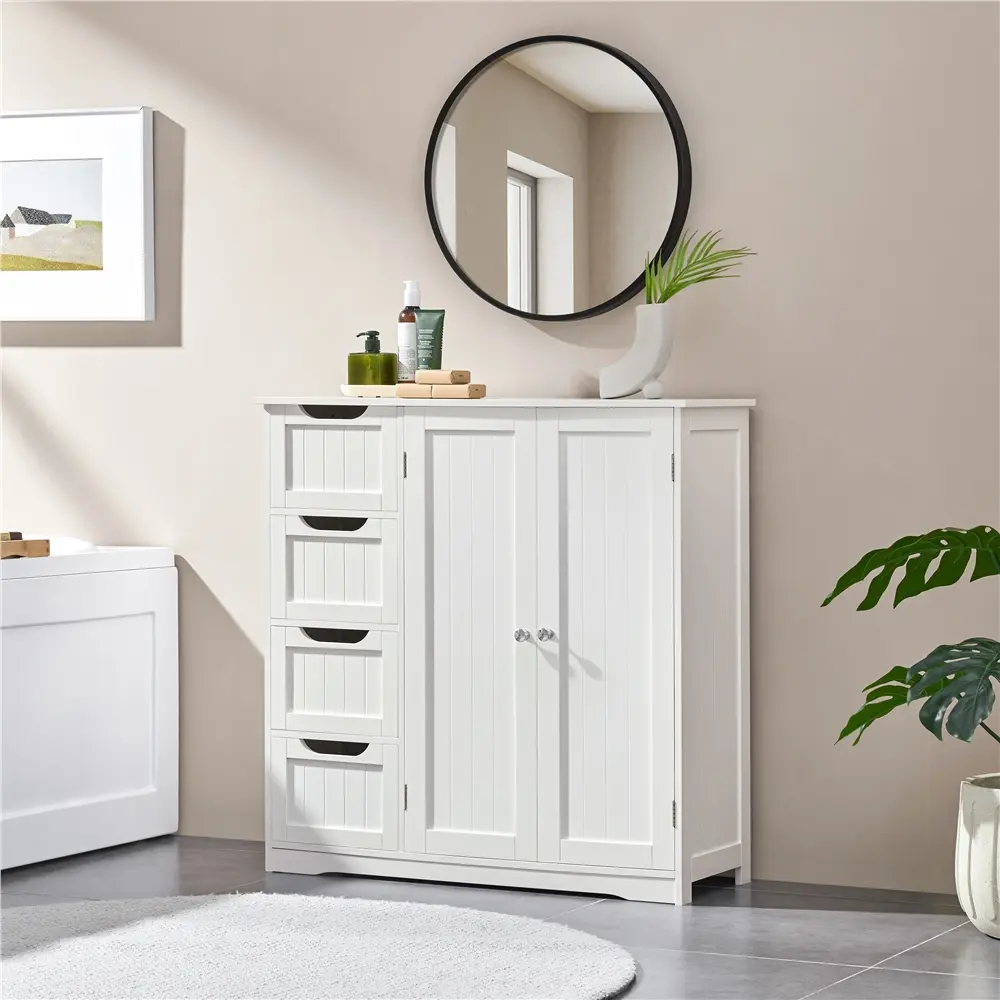 Yaheetech Wooden Bathroom Floor Cabinet, Side Storage Organizer Cabinet with 4 Drawers & Double Doors, Freestanding Entryway Storage Unit Console Table, Bathroom Furniture Home Decor