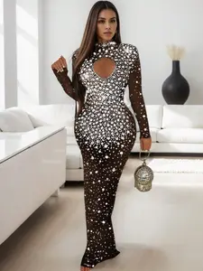 Mesh Dress With Rhinestones Embellishment & Keyhole-like Design
