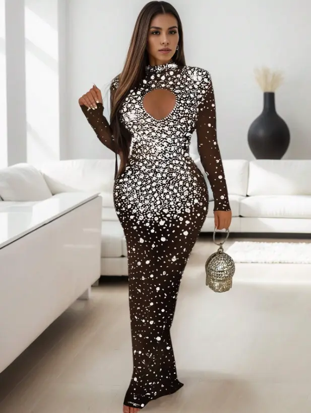 Mesh Dress With Rhinestones Embellishment & Keyhole-like Design
