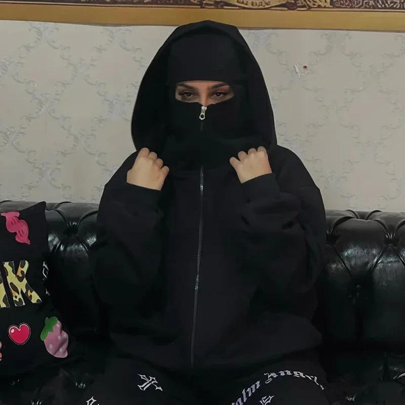 Balaclava Jacket Zip Up Fashion Double Layer Hoodie Hip Hop Outerwear Jacket Y2K Clothing for Men and Women