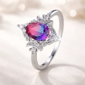 Pear Cut Bi-Color Moonstone Ring Silver Tone CZ Accent Celestial Daily Wear Jewelry Accessories for Women Valentines&birthday Boujee Gifts for gf Mother's Day gift