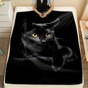 Soft Funny Throw Blanket Cute Black Cat Print Flannel Blanket,Warm Nap For Couch Sofa Office Bed Camping Travelling,Multi-purpose Holiday Gift Blankets
