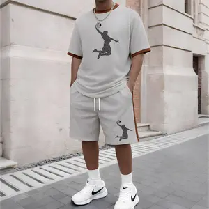 Men's Basketball Pattern Short-Sleeve T-Shirt and Drawstring Shorts Set, Men's Clothing, Casual Sporty Short-Sleeve Top and Shorts, Summer Men's Everyday Wear, Indoor and Outdoor Sportswear, Athletic Set