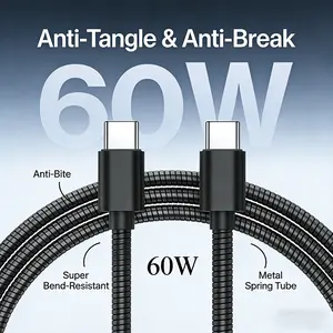60W USB-C to USB-C Fast Charging Cable, Metal Spring Anti-Bite Design, Ultra Durable & Tangle-Free, Super Bend Resistant Type-C Charger for iPhone 15/16, Samsung Galaxy, Pixel, iPad Pro