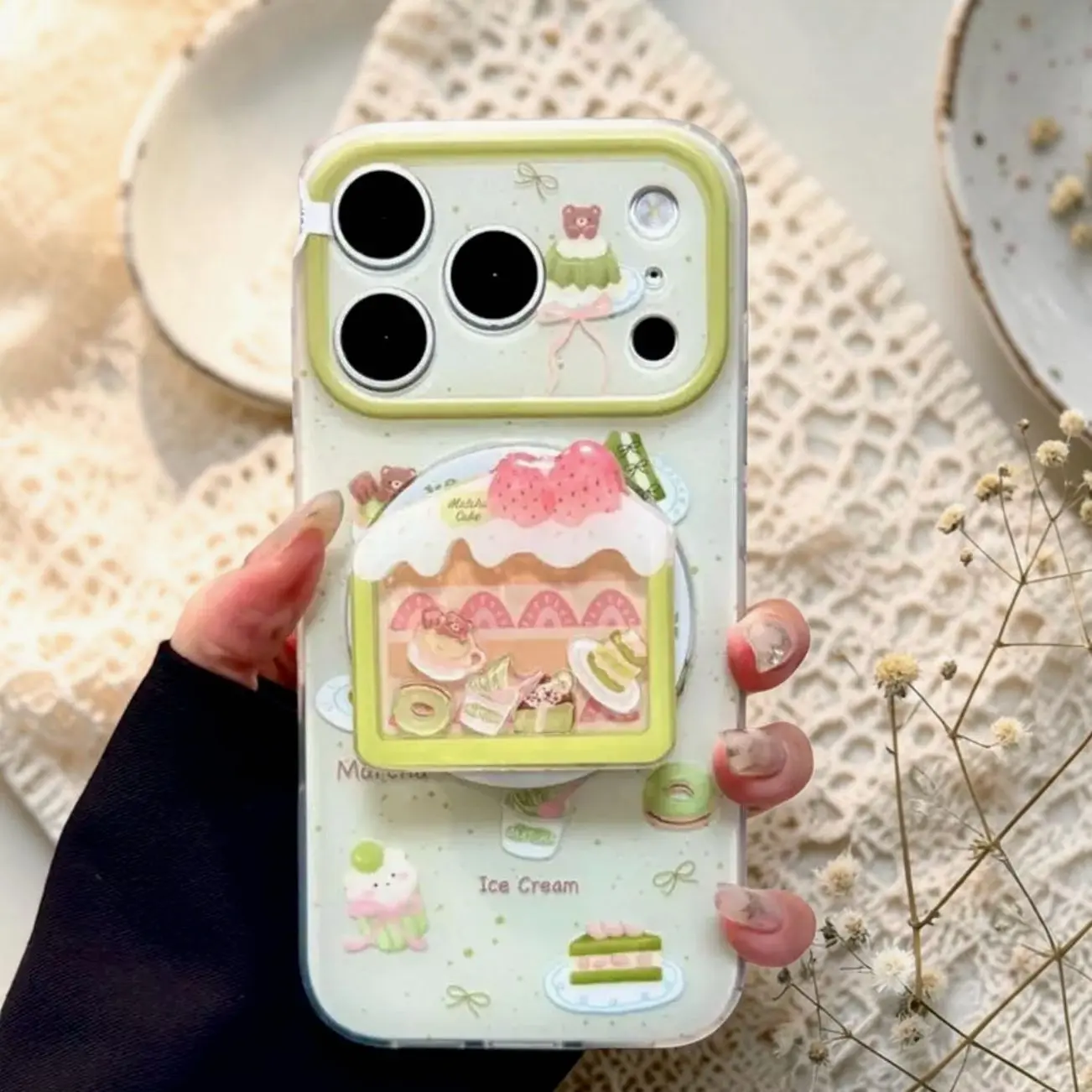 Cute Matcha Strawberry Cake Phone Grip Shaker | Kawaii Bakery Phone Holder Cafe Aesthetic