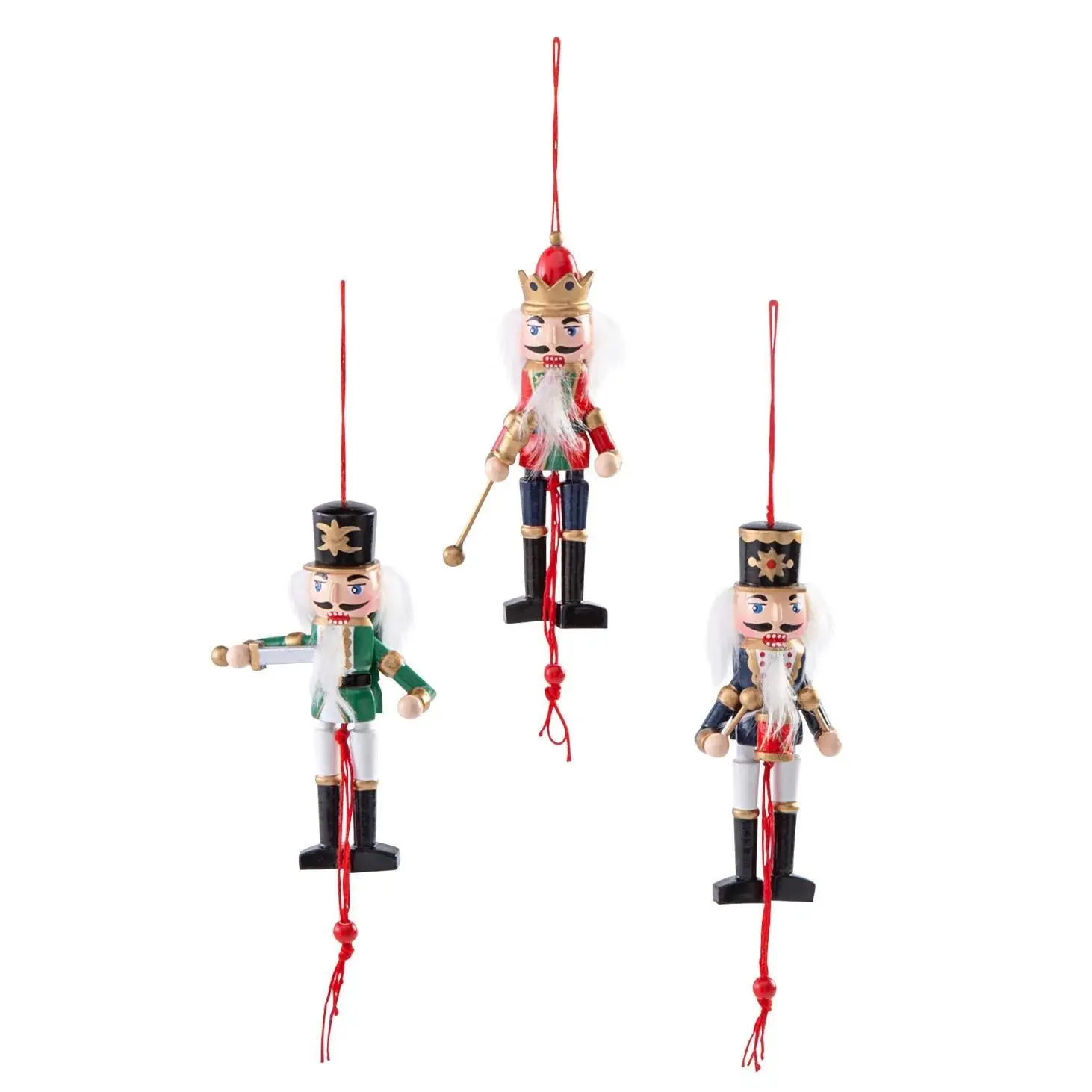 6 Wooden Dancing Nutcracker Christmas Ornaments, Pull-String Holiday Decorations