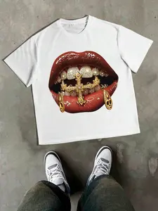 Men's Crew Neck Short Sleeve T-Shirt with Mouth Teeth Print, Casual Everyday Style, Fitted Moderate Knit Fabric for All Seasons