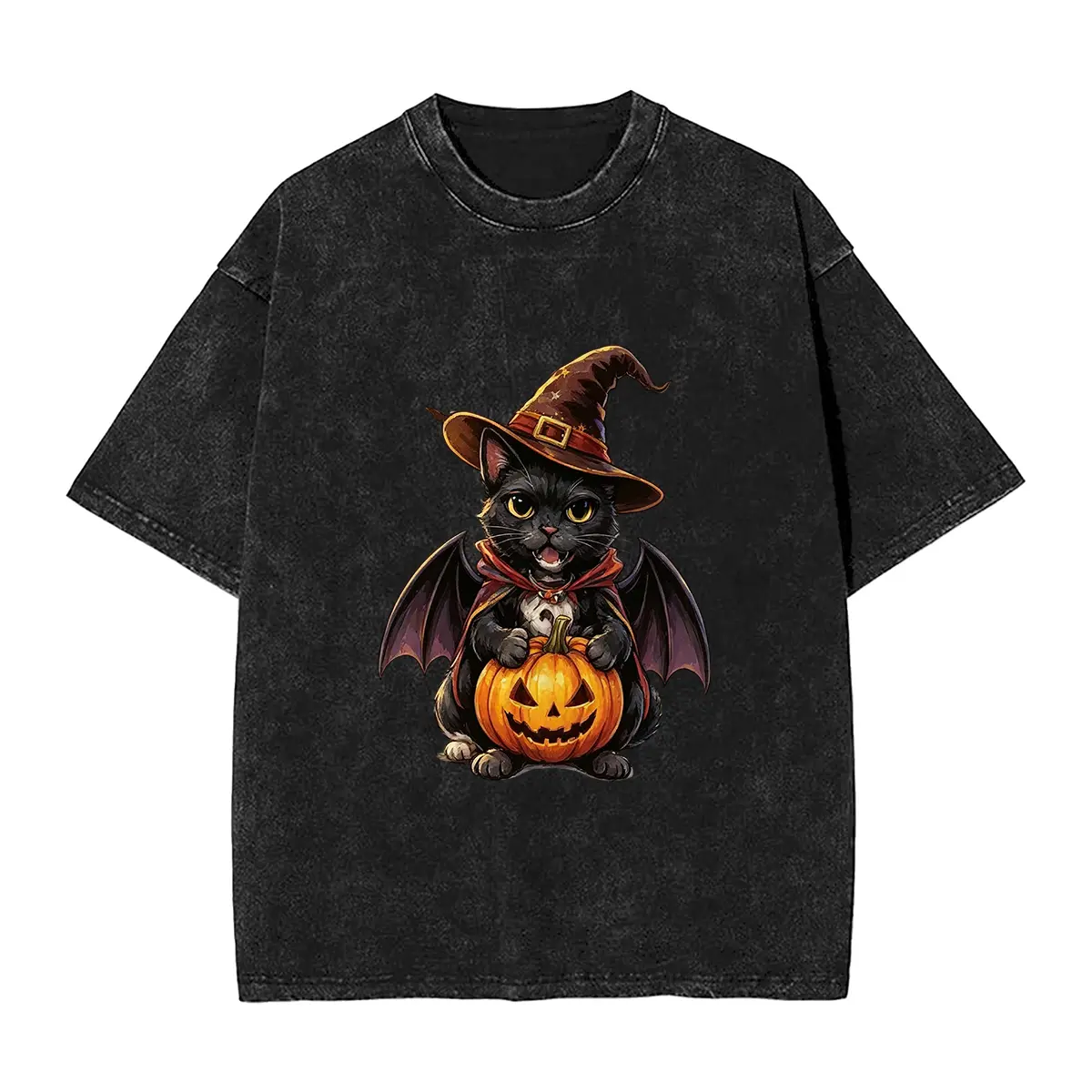 Man Women's Short-Sleeve Casual Crewneck Halloween T-Shirt, Black Cat With Witch Hat Bat Wings Holding Jack-O'-Lantern Print, Summer Streetwear Top