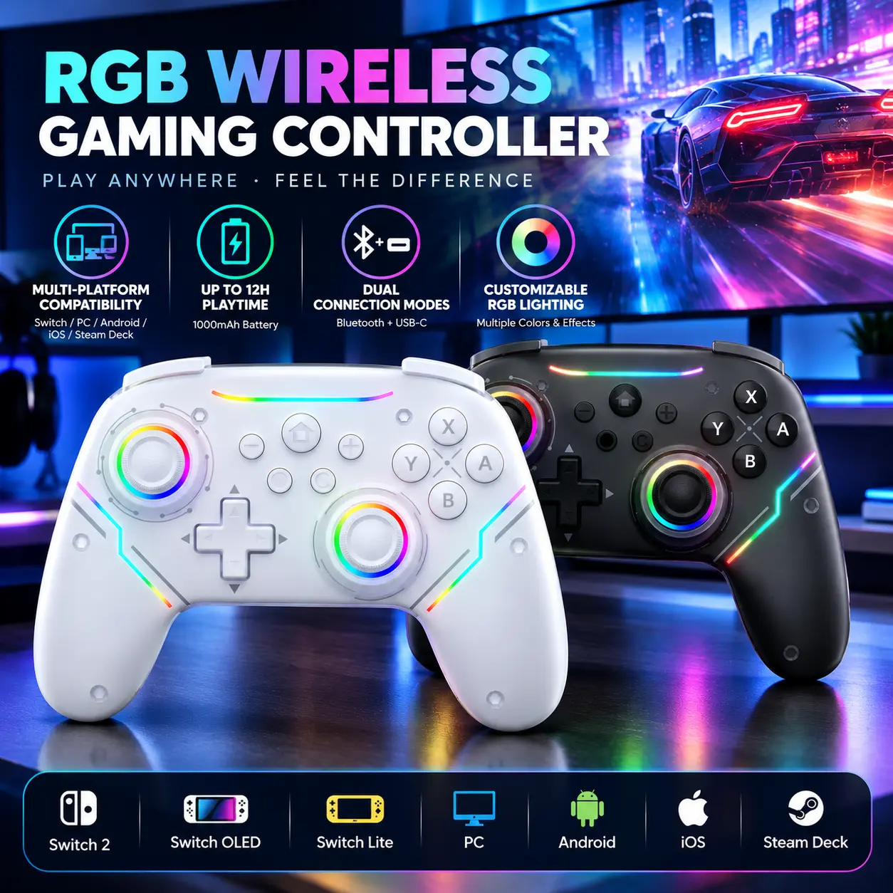 Wireless Game Controller for Switch 2, Switch OLED, Switch Lite, PC, Android & iOS, RGB Lighting, Macro & Custom Buttons, Dual Vibration, 9-Axis Gyro esports trigger steam pc LED Console controllers
