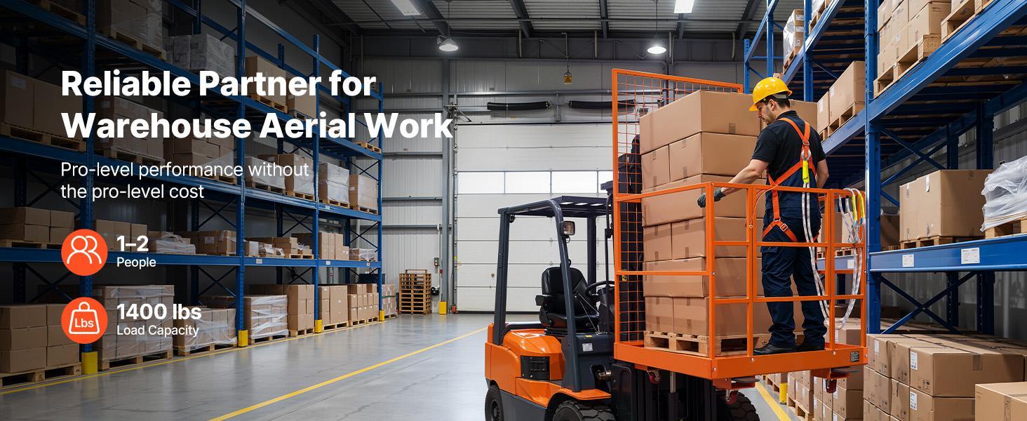 VEVOR Forklift Safety Cage, 48.2 x 45.2 Inch, Heavy Duty Forklift Man Basket, 1400 lbs Capacity Work Platform Lift Basket with Safety Harness, Lock, Wheels, Drain Hole, for Aerial Work Lifting Loader