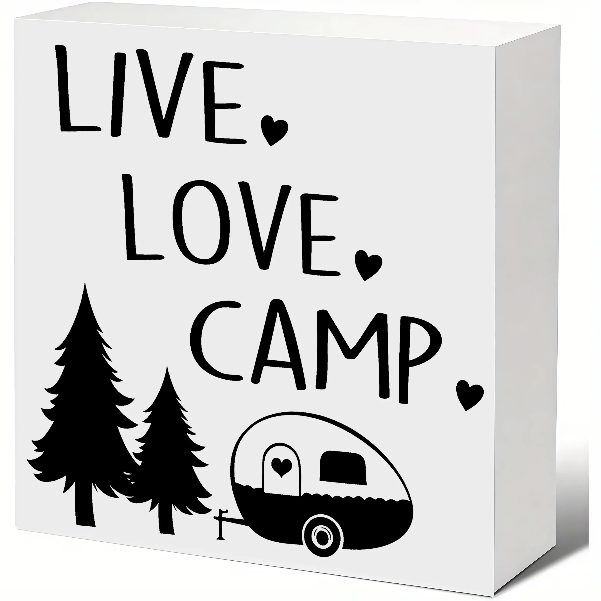 Rustic Square Wooden Block Sign Live Love Camp Camper Pine Tree Heart Print Wood Plaque, Cute Camping RV Tabletop Decor Gift for Christmas Thanksgiving Housewarming Cabin Wall