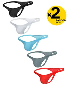 2/3/4 Pcs Random Color Men's Solid Color Plain Mesh Thong Briefs, Bikini Style & Slim Fit, Breathable Underwear All Seasons for Sports, Fitness & Casual Wear