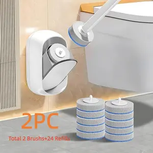 Disposable 2 Toilet Brush Wand, Wall Mounted Toilet Cleaner Kit with Holder, 24 Refills Replacement Heads for Bathroom Cleaning