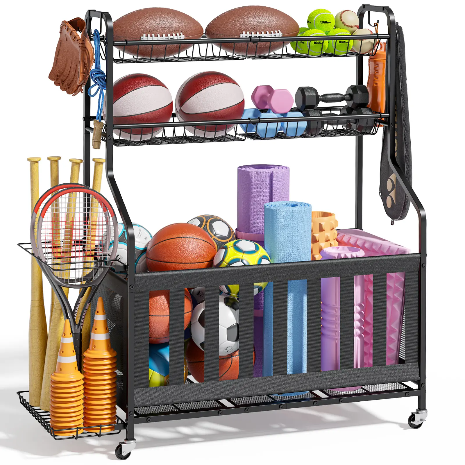 3-Tier Multifunctional Sports Gear Storage Rack with Casters, Black Home Organizer Display Shelf for Basketball, Soccer Balls & Athletes