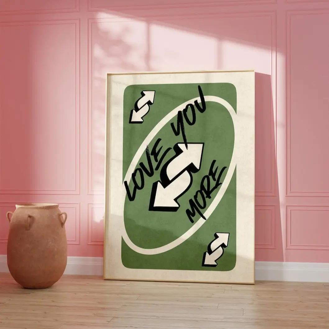 Retro Color "Love You More" Uno Reverse Card Heart Printable Wall Art Painting - Unframed, Multi-Size, Girly Preppy Waterproof Poster, Valentine's Day Dorm Wardrobe Home Decor, Military Plaid Accent, Wipe-Clean, Paintings, Artistic