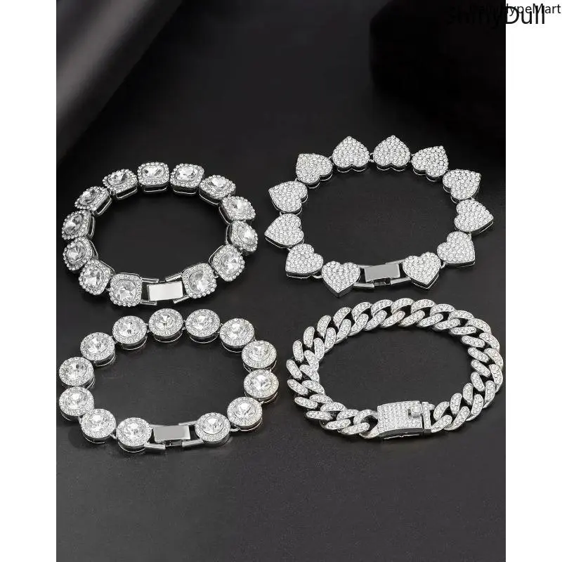 4-Piece Iced Out Bracelet Set for Women, Silver-Plated Cuban and Tennis Chains with Crystal Heart Charm, 8-Inch Hypoallergenic Jewelry, Bracelets
