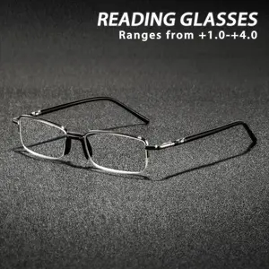Men's Metal Square Half Frame Reading Glasses, Small Lightweight Portable Retro Casual Fashion Eyewear, Suitable for Daily Wear