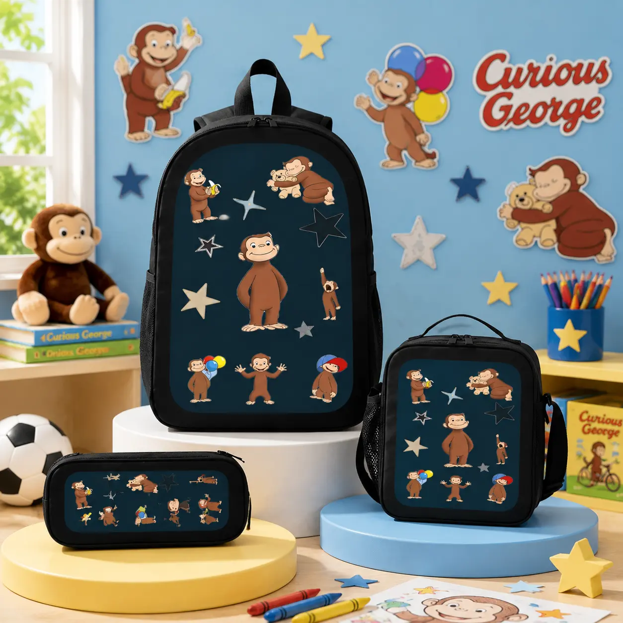 Curious George Monkey Print 3Pcs Backpack Set School Backpack Lunch Bag Pencil Case Adjustable Breathable Straps Large Capacity Student Bookbag for Teens Backpacks for School Women Men Travel Casual Backpack Set