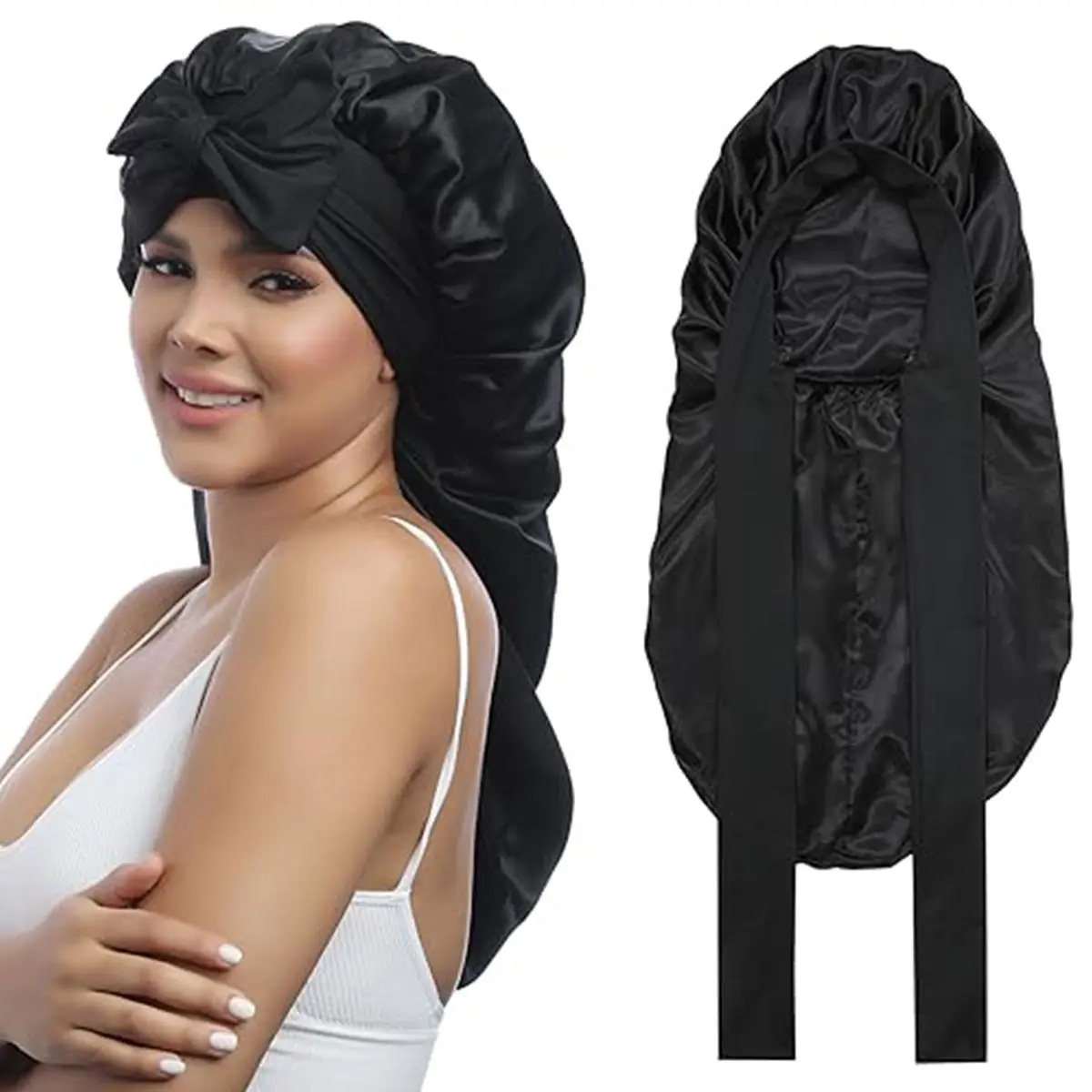 AWAYTR Long Satin Bonnet for Women - Double Layer Elastic Silk Bonnet for Braids Hair Sleeping Cap with Tie Band summerwins