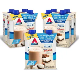 Atkins Creamy Chocolate Coconut Protein Shake, 15g Protein, 2g Net Carbs, 1g Sugar, Keto Friendly, 12 Count