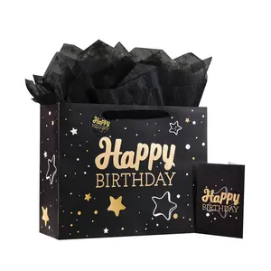 Birthday Gift Bag with Tissue & Greeting Card, 1 Set Black Star Pattern Gift Wrapping Bag with Ribbon & Card, Gift Wrapping Supplies for Birthday Party, Party Gift Packs