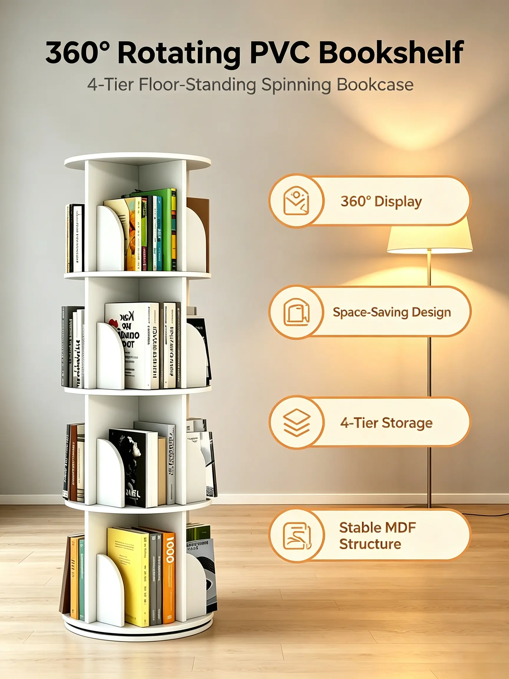 White 360° Rotating 4-Tier PVC Floor-Standing Bookshelf, Narrow Home Storage Organizer for Small Spaces, Bedroom sohochic