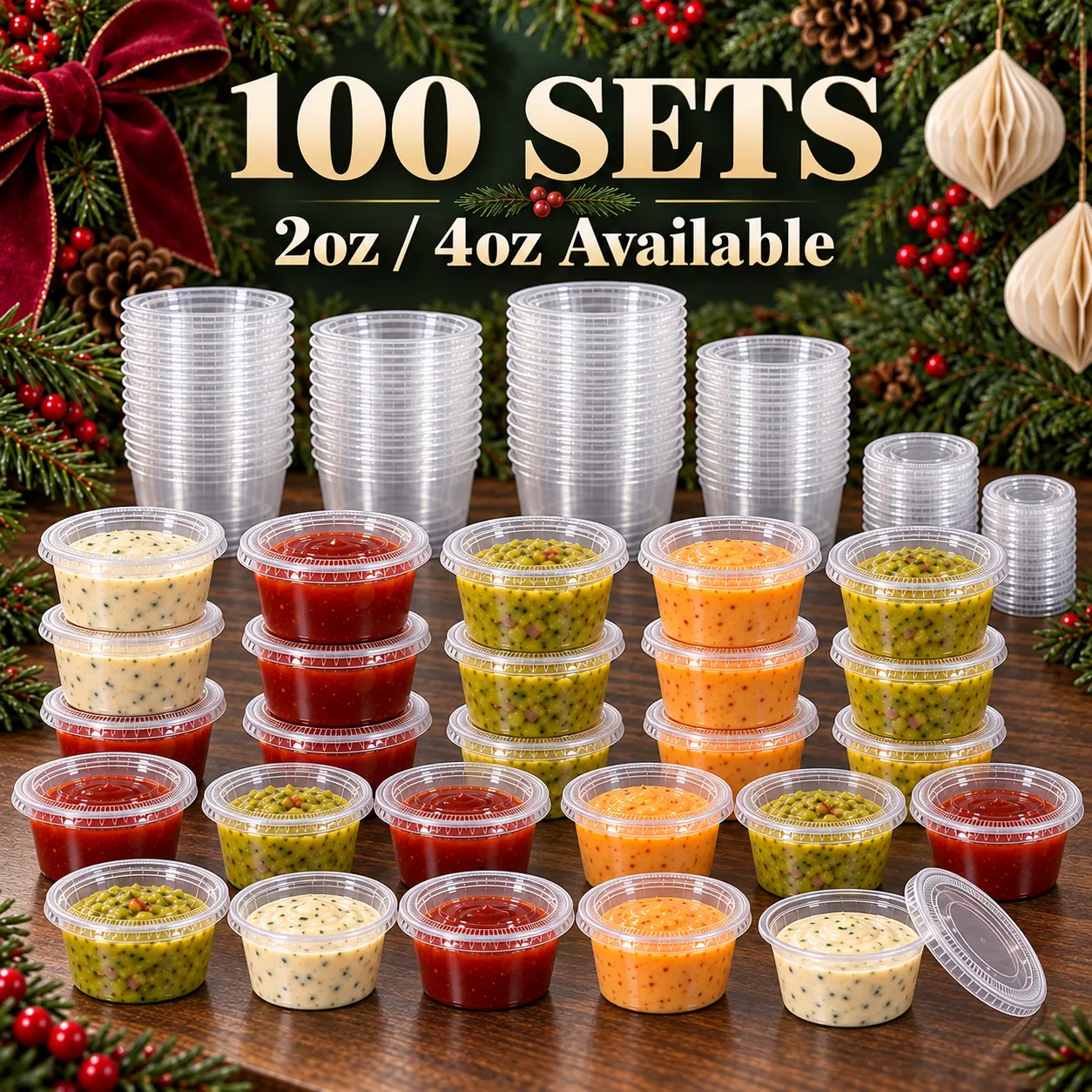 100-Piece Plastic Snap-Top Containers Set - 2oz/4oz Small Stackable Disposable Cups, Ideal for Dipping Sauces, Party Use & Kitchen Takeout Storage,Perfect for Halloween and Christmas party preparations