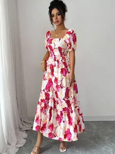 Floral Print Waist Defined Puff Sleeve Square Neck Women's Boho Wedding Dress with Ruffle Hem and High Waist for Summer Festivals Casual Fabric - Shortsleeve, Fit